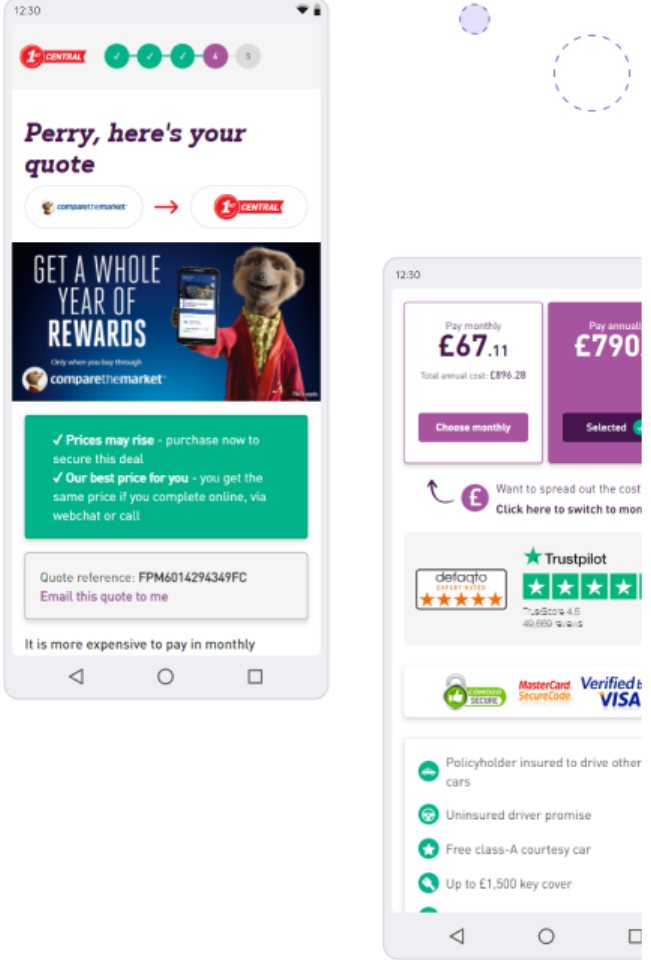 Two screens from the old quote journey: a compare-the-market handoff banner above a dense quote summary, and a pricing page with Trustpilot and payment badges