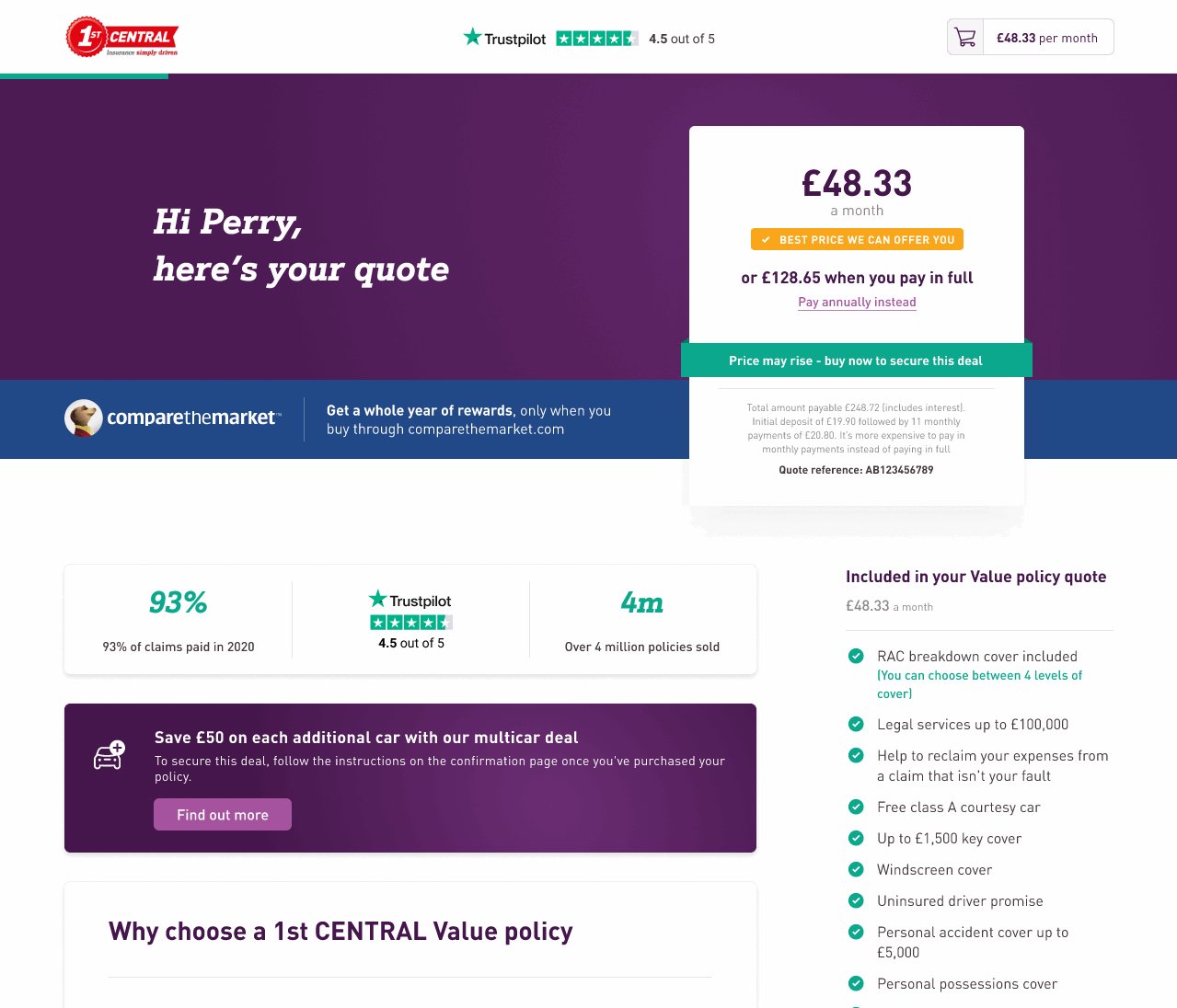 Final quote landing page: plum hero with greeting and price card, a trust row with 93% claims paid, Trustpilot 4.5 and 4 million policies, a multicar offer, and a 'why choose' section with policy inclusions