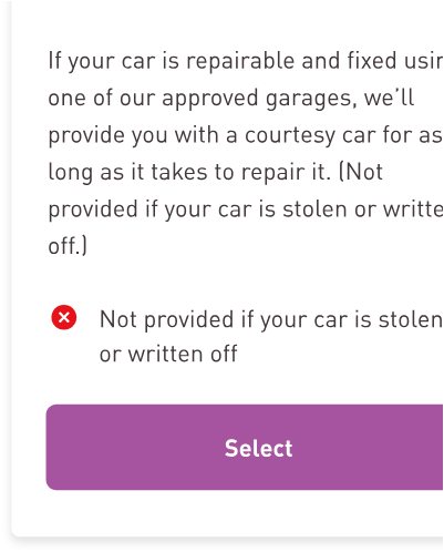 Mobile add-on card describing courtesy car cover with a clearly marked exclusion
