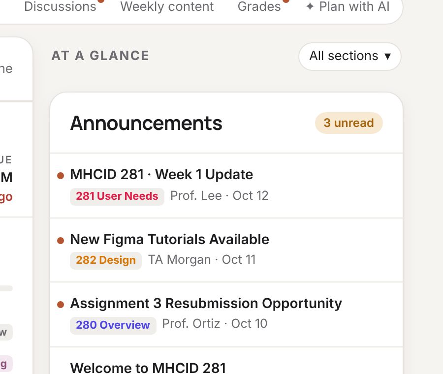 At a glance: announcements with unread badge and course tags.