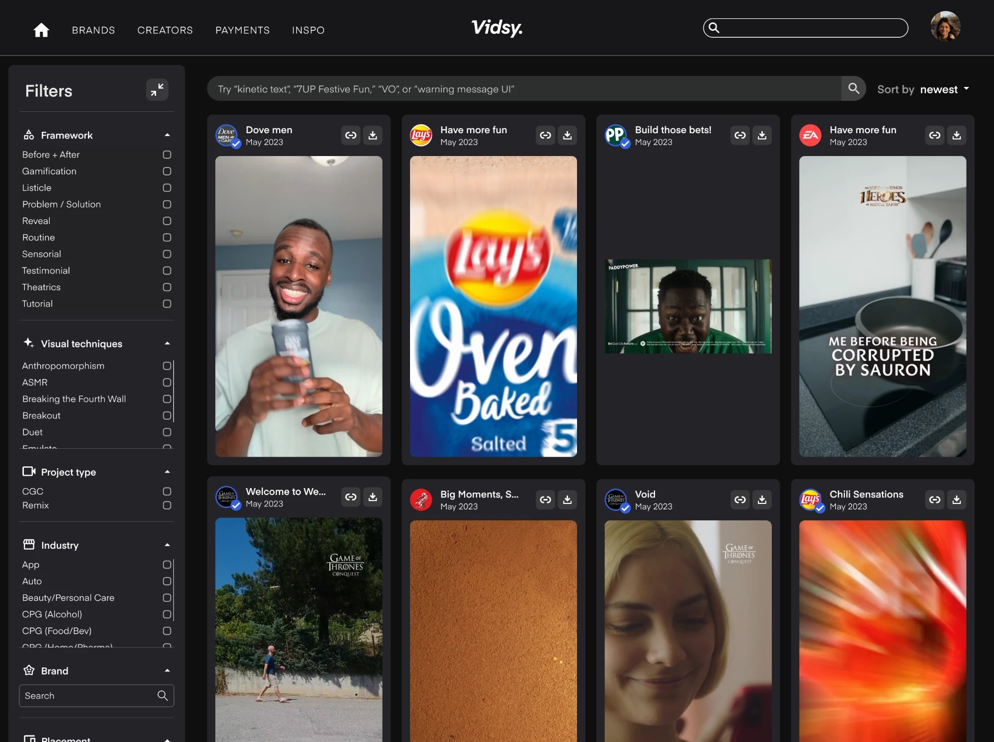 The redesigned Vidsy inspiration library: filters for framework, visual technique, project type and industry beside a grid of brand videos