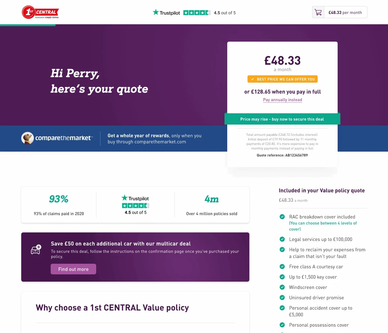 The redesigned 1st Central quote page: a personal greeting, the monthly price with a best-price badge, trust stats and what the policy includes