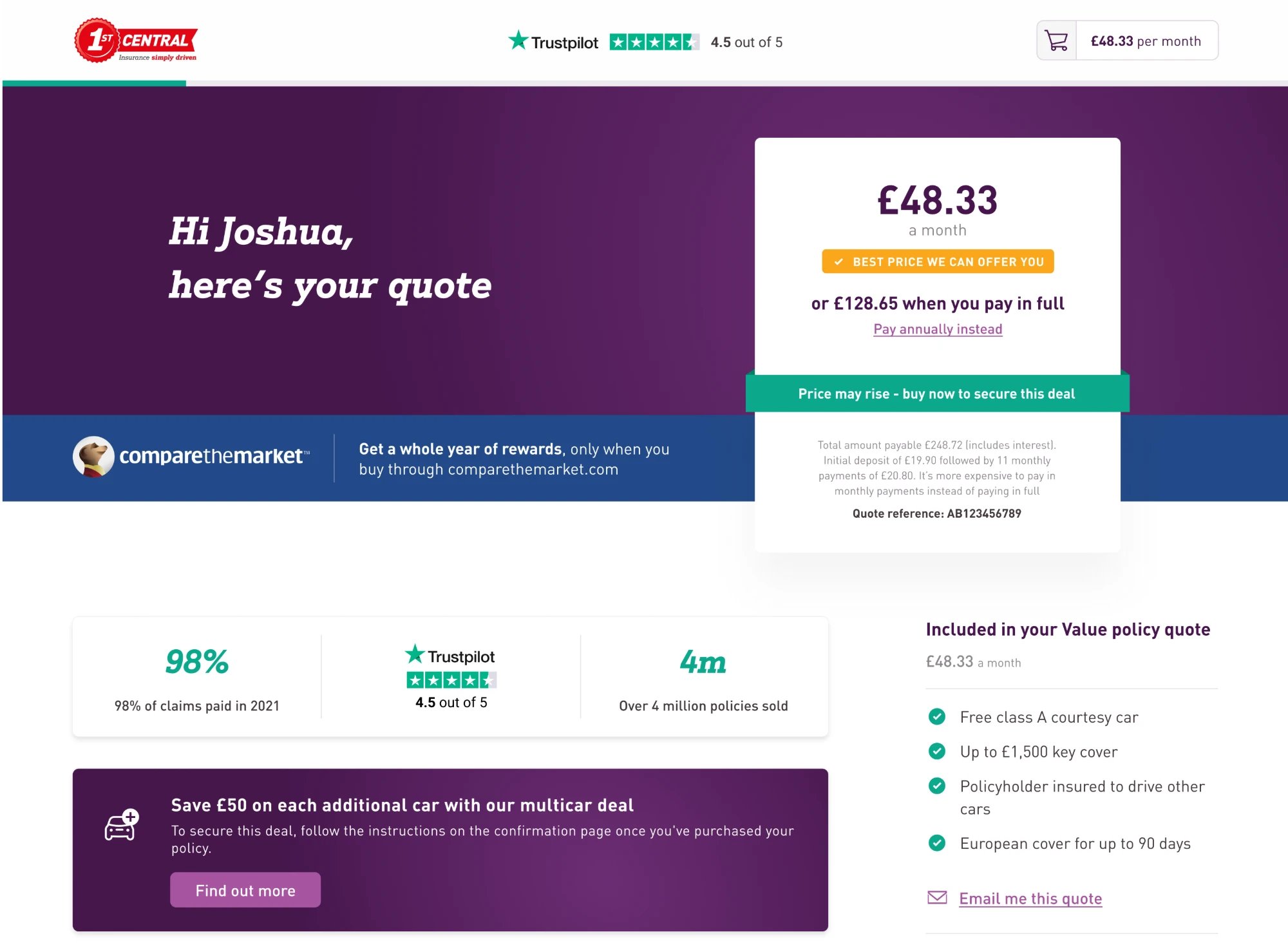 The redesigned 1st Central quote page: a personal greeting, the monthly price with a best-price badge, trust stats and what the policy includes.