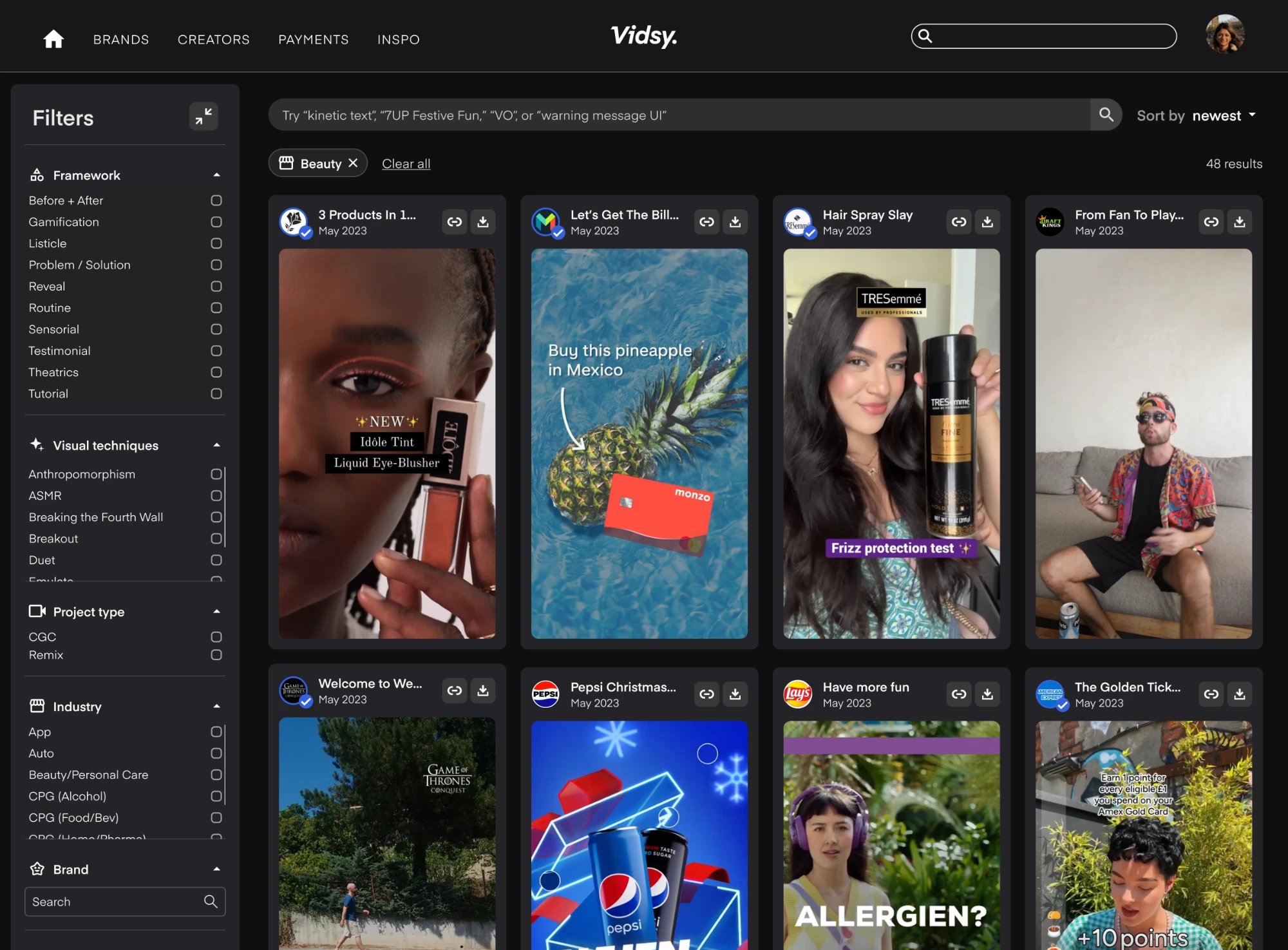 Vidsy inspiration library filtered to Beauty: framework, visual technique, project type and industry filters beside a grid of brand videos.