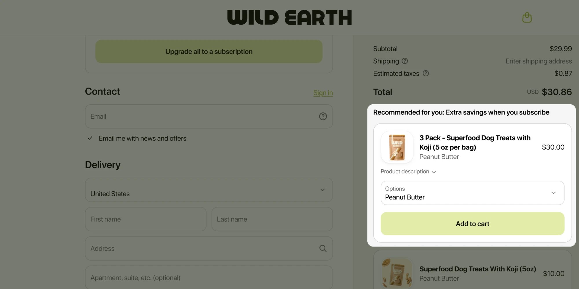 Wild Earth checkout with a Platter+ recommendation: extra savings when you subscribe, a 3-pack of dog treats with options and an Add to cart button.