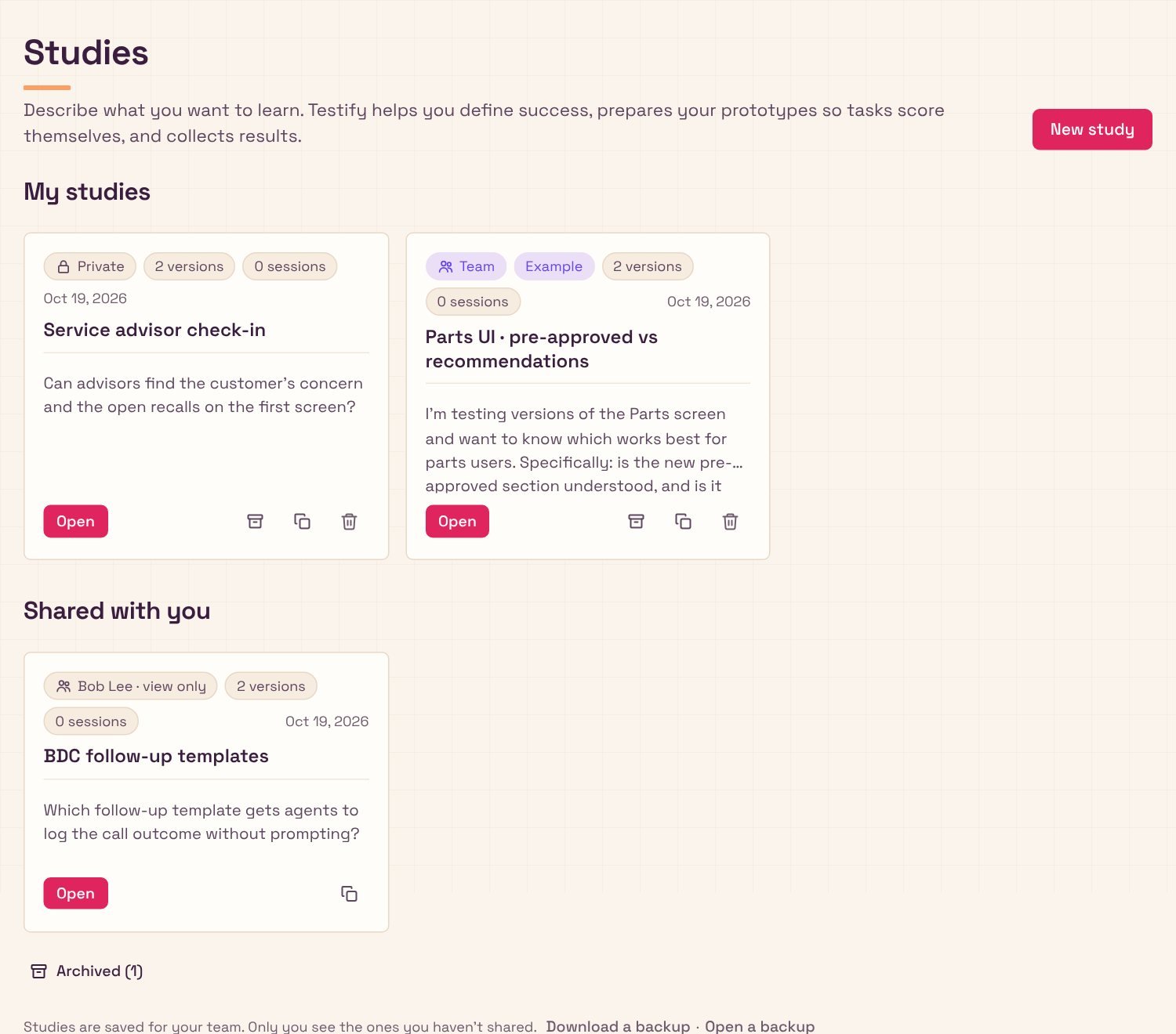 Testify’s Studies page: private, team and shared studies, each with its versions and sessions.