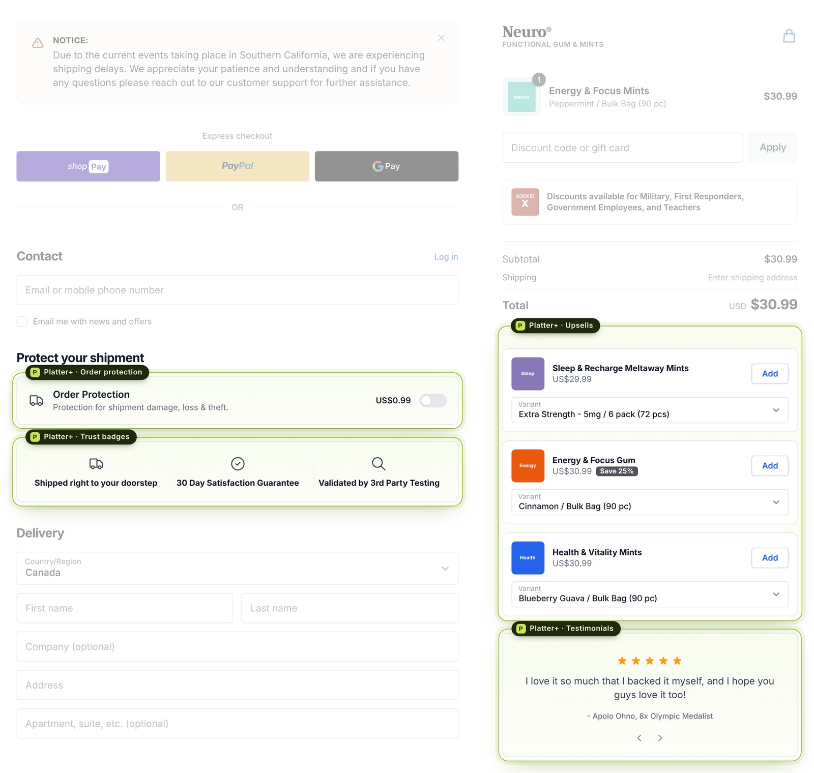 A Neuro checkout with the Platter+ extensions highlighted: order protection, trust badges, three product upsells and a testimonial carousel; the rest of the checkout is faded