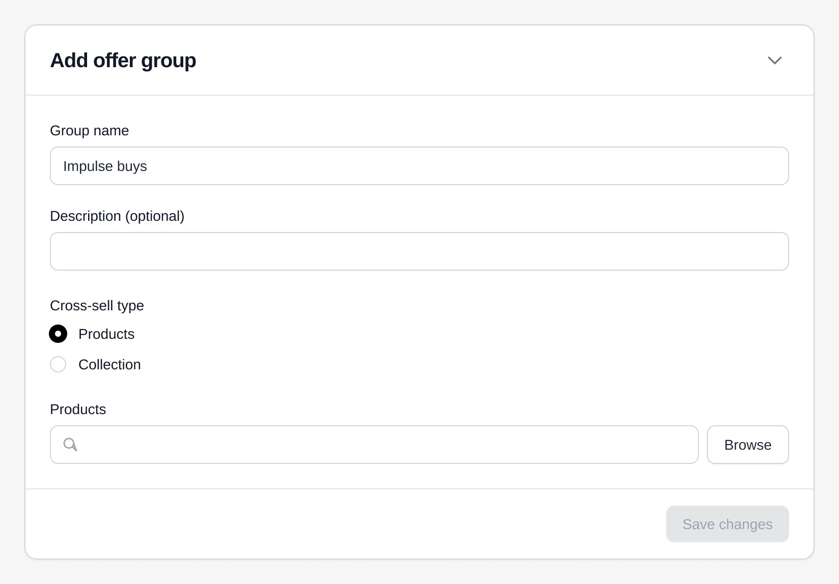 Add offer group: a group name, optional description, cross-sell type of products or collection, and a product picker