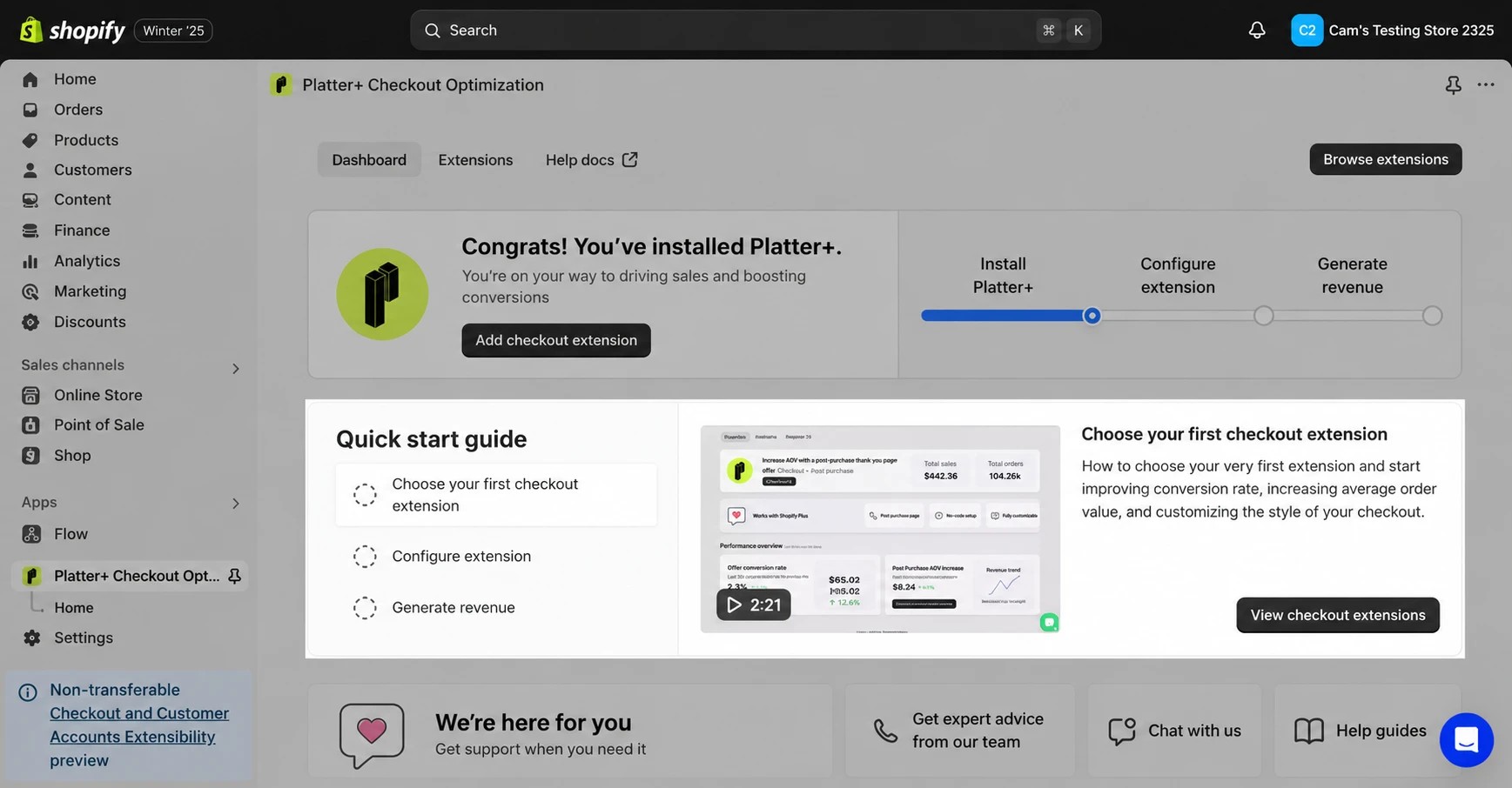 The Platter+ dashboard inside Shopify admin: a congratulations banner, a three-step progress bar and a quick start guide with a video