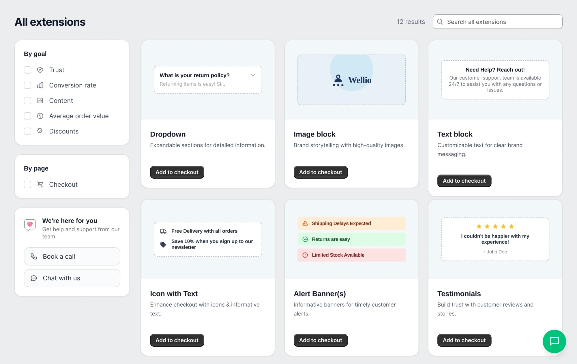 All extensions: filters by goal and page on the left, and cards for Dropdown, Image block, Text block, Icon with text, Alert banners and Testimonials, each with a live preview and an Add to checkout button