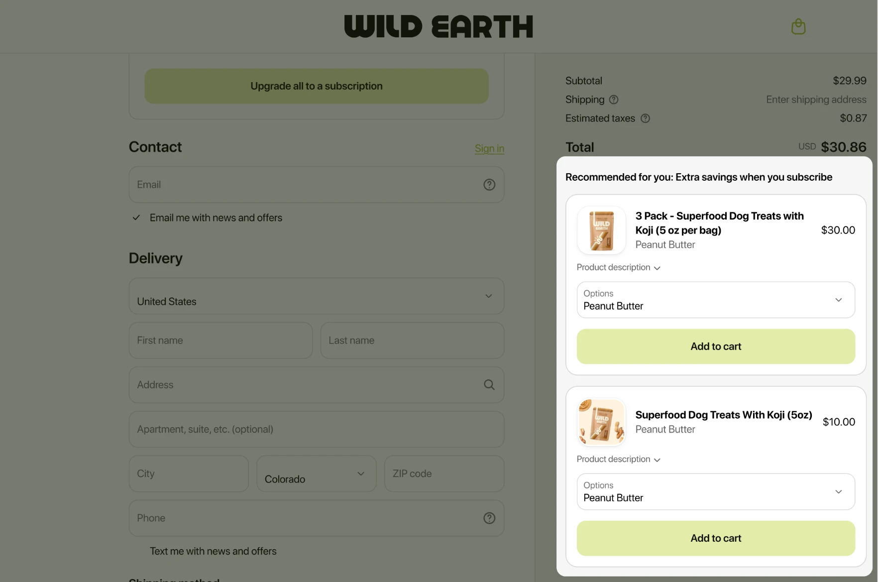 A Wild Earth checkout with a Platter+ subscription upsell: two dog-treat products with options and Add to cart buttons