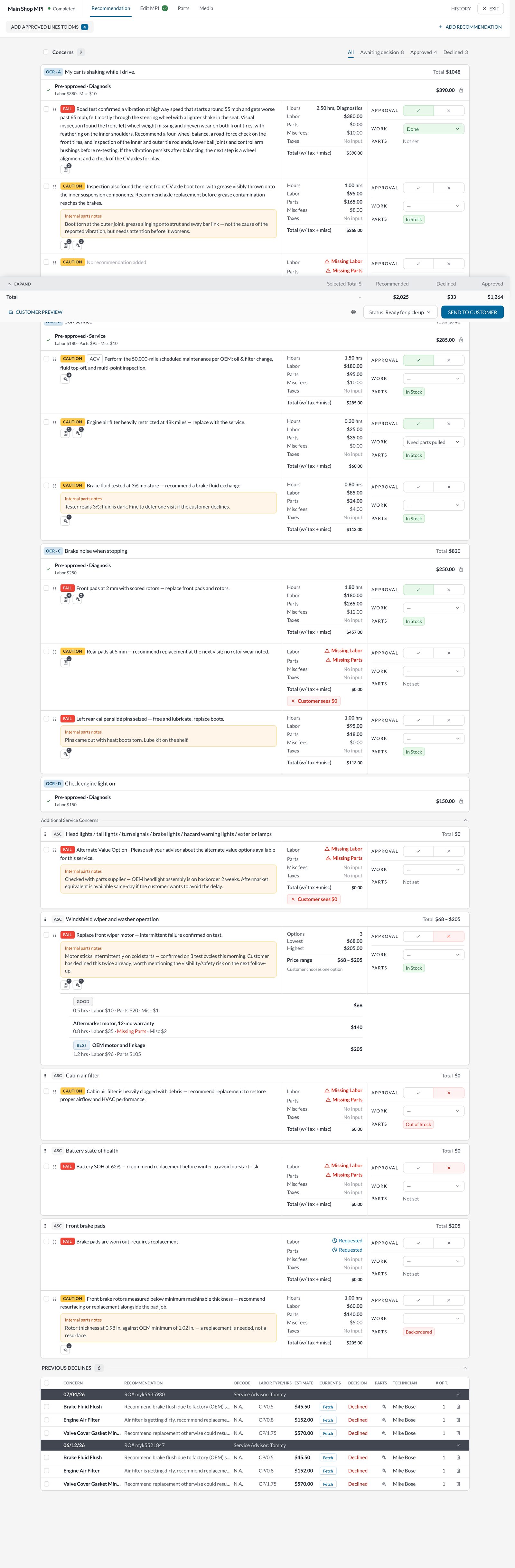 The full Recommendation tab, scrolled: concern cards, the Expand strip and the totals row.