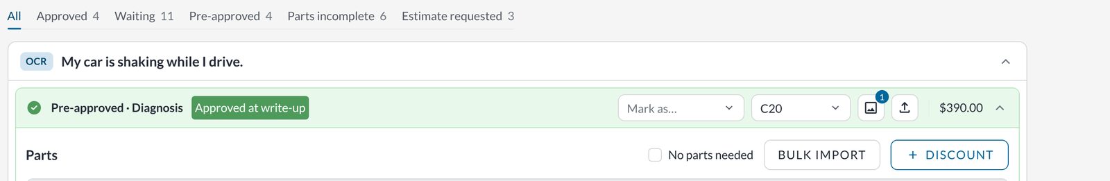 The Parts tab with status filters and a pre-approved diagnosis marked Approved at write-up.