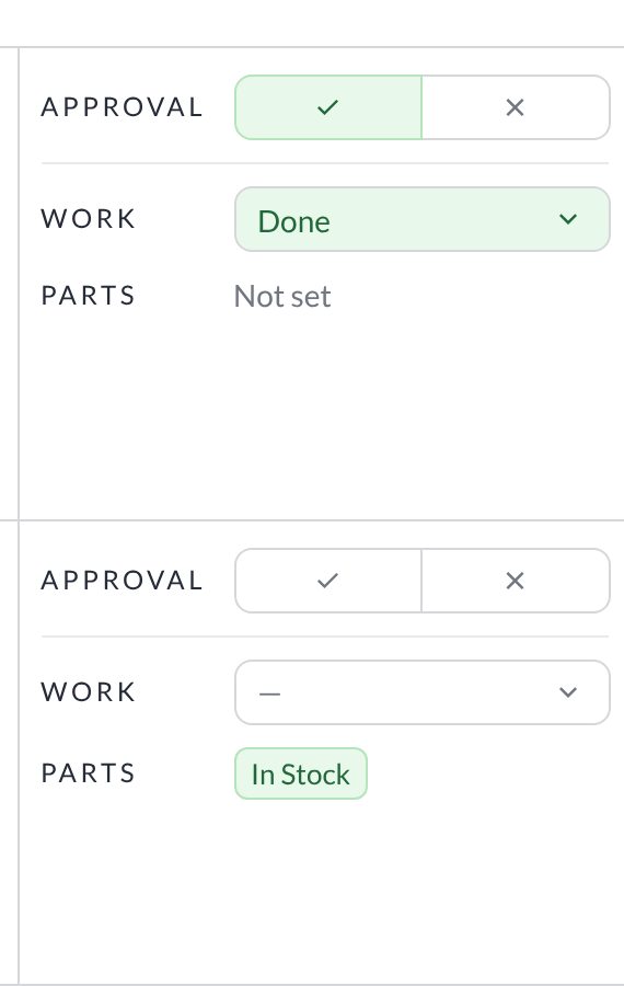 The approval column: tick and cross, Work status dropdown, Parts status.
