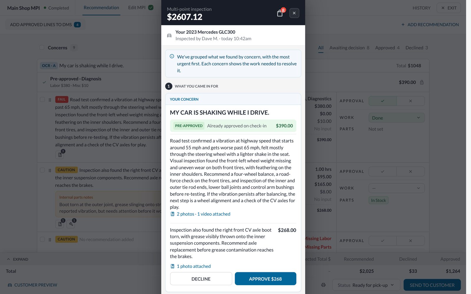 The Recommendation tab with the Customer preview panel open over it.