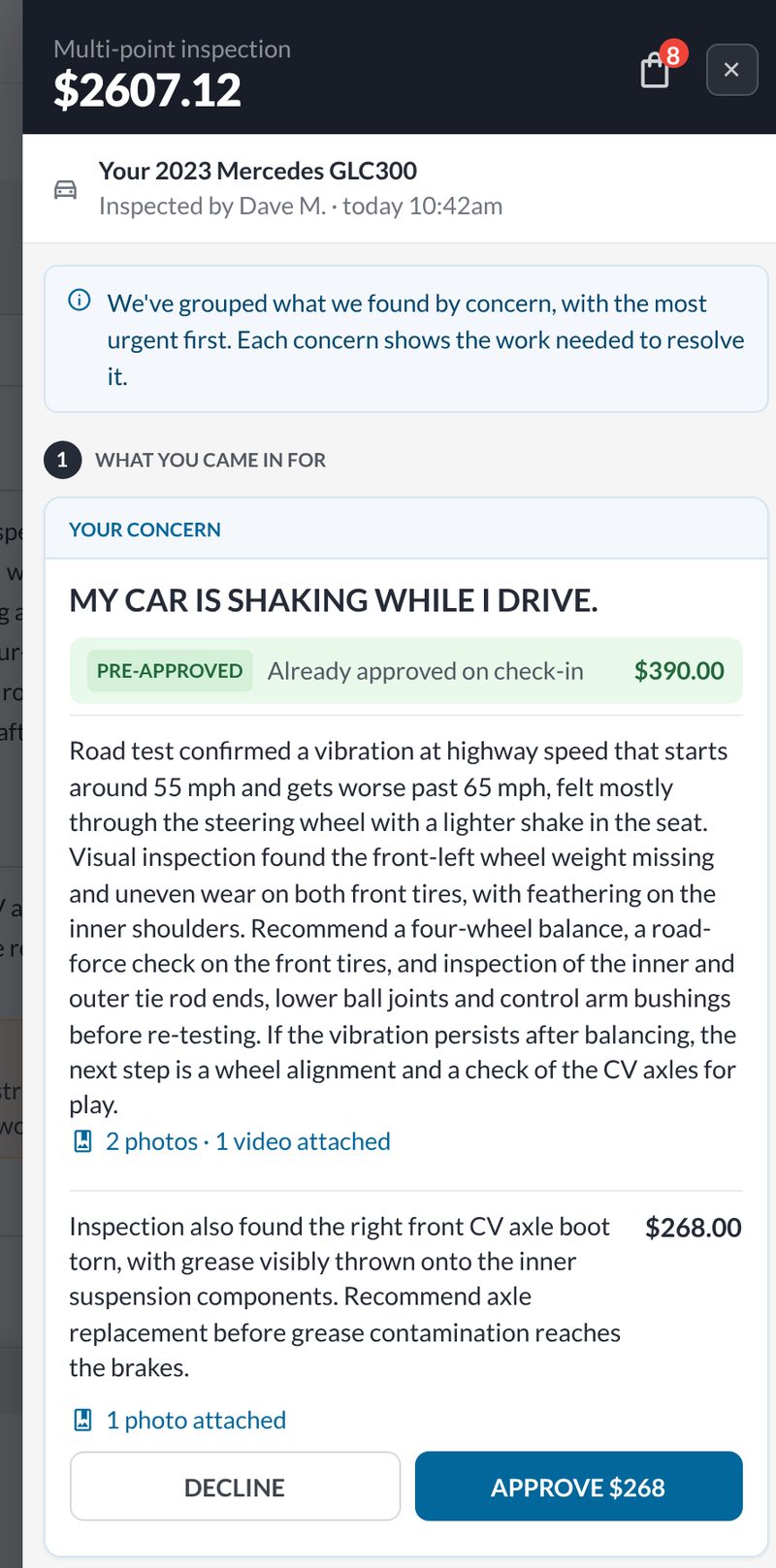 Close-up of the customer preview: My car is shaking while I drive, pre-approved diagnosis $390, a finding with 2 photos and 1 video, Decline and Approve $268.
