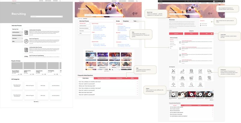 Annotated mid-fidelity iterations of the recruiting audience page
