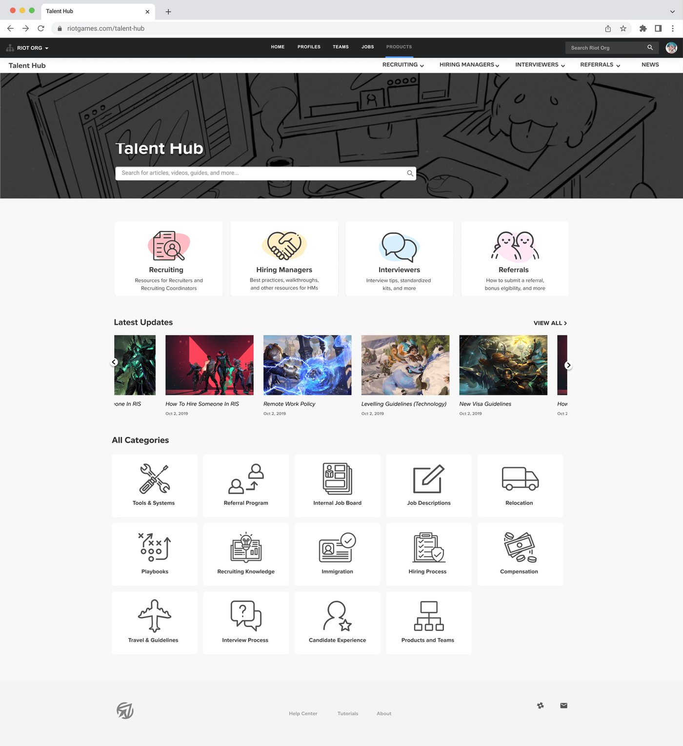 Final Talent Hub home page in a browser: search bar over a hero, four audience tiles (Recruiting, Hiring Managers, Interviewers, Referrals), Latest Updates, and a grid of all categories