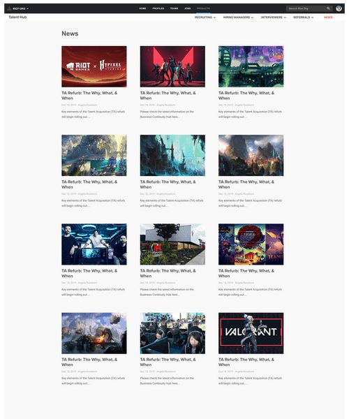 News page with a grid of Riot updates