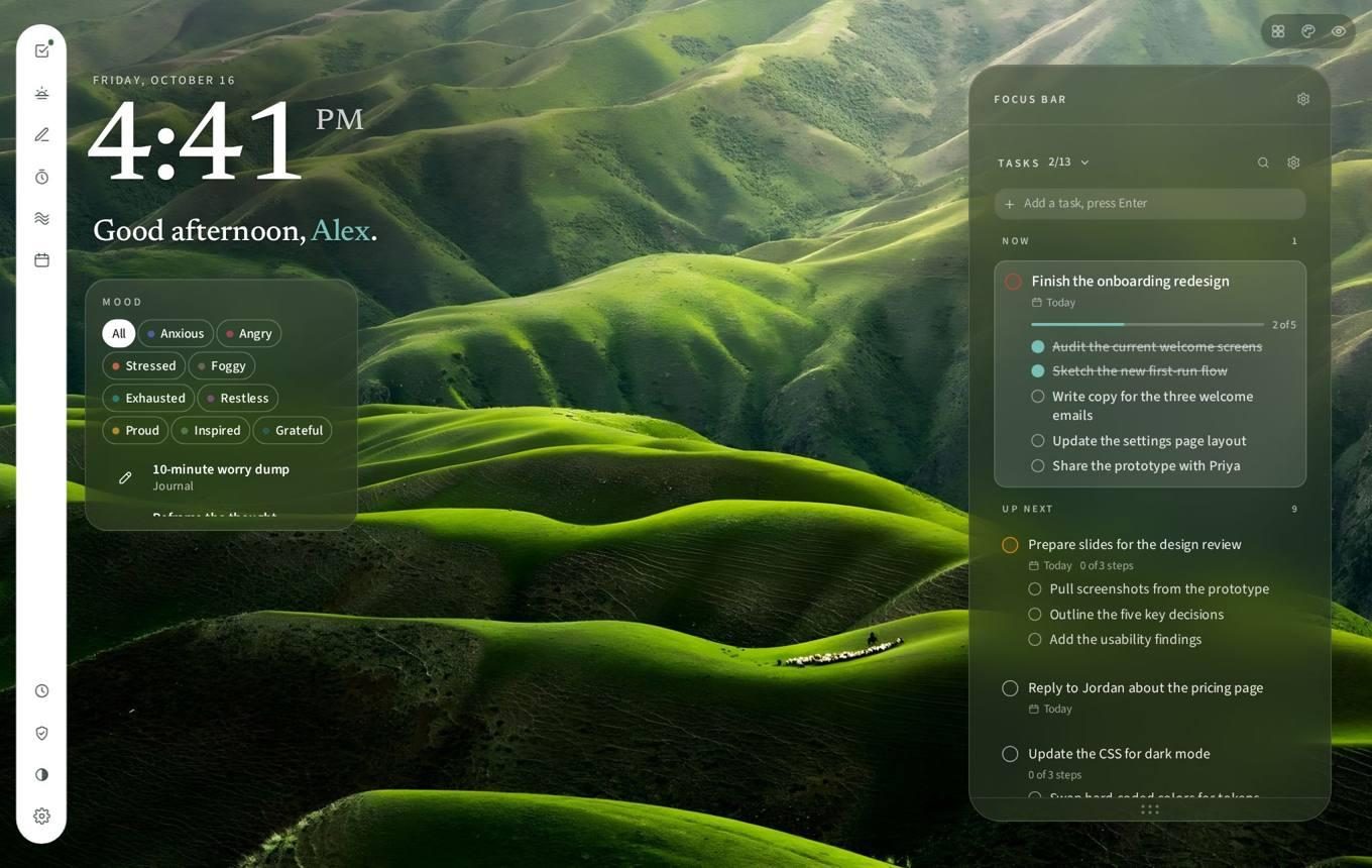 Ritual's new tab over the valley wallpaper, with the time, a greeting and the mood row, the rail on the left and the Focus bar on the right.