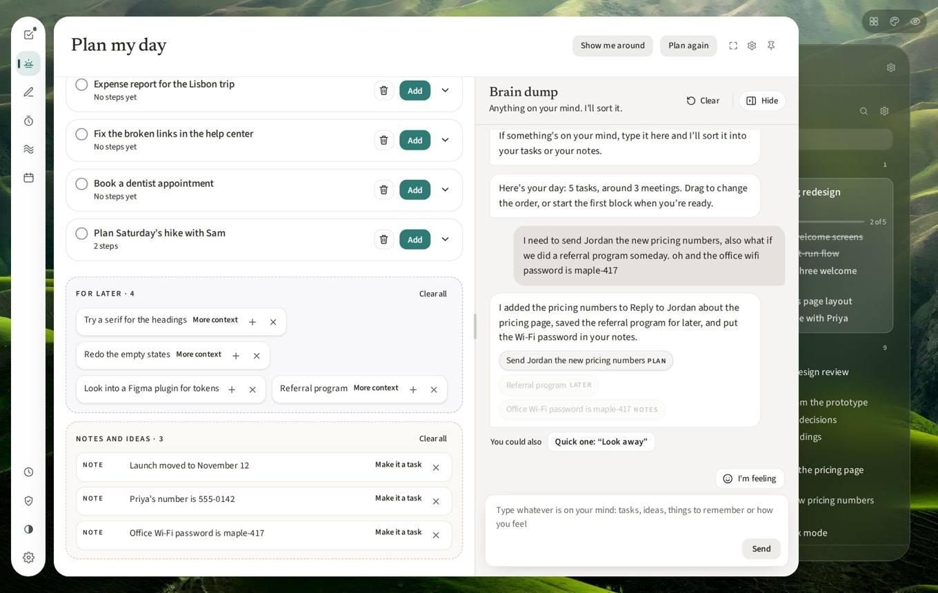 Plan my day: a proposed list of tasks beside a brain dump conversation.