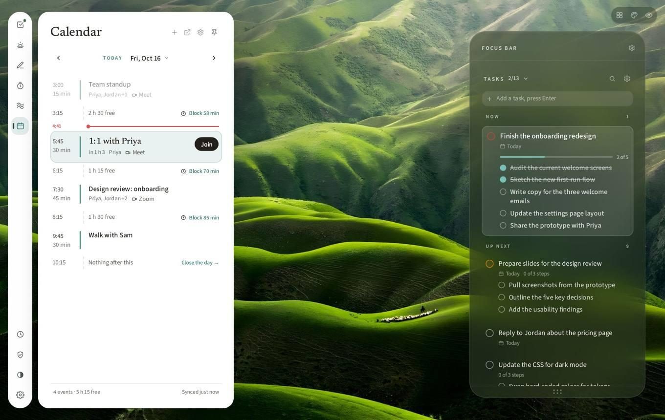 Calendar: the day as a timeline with meetings and free blocks.