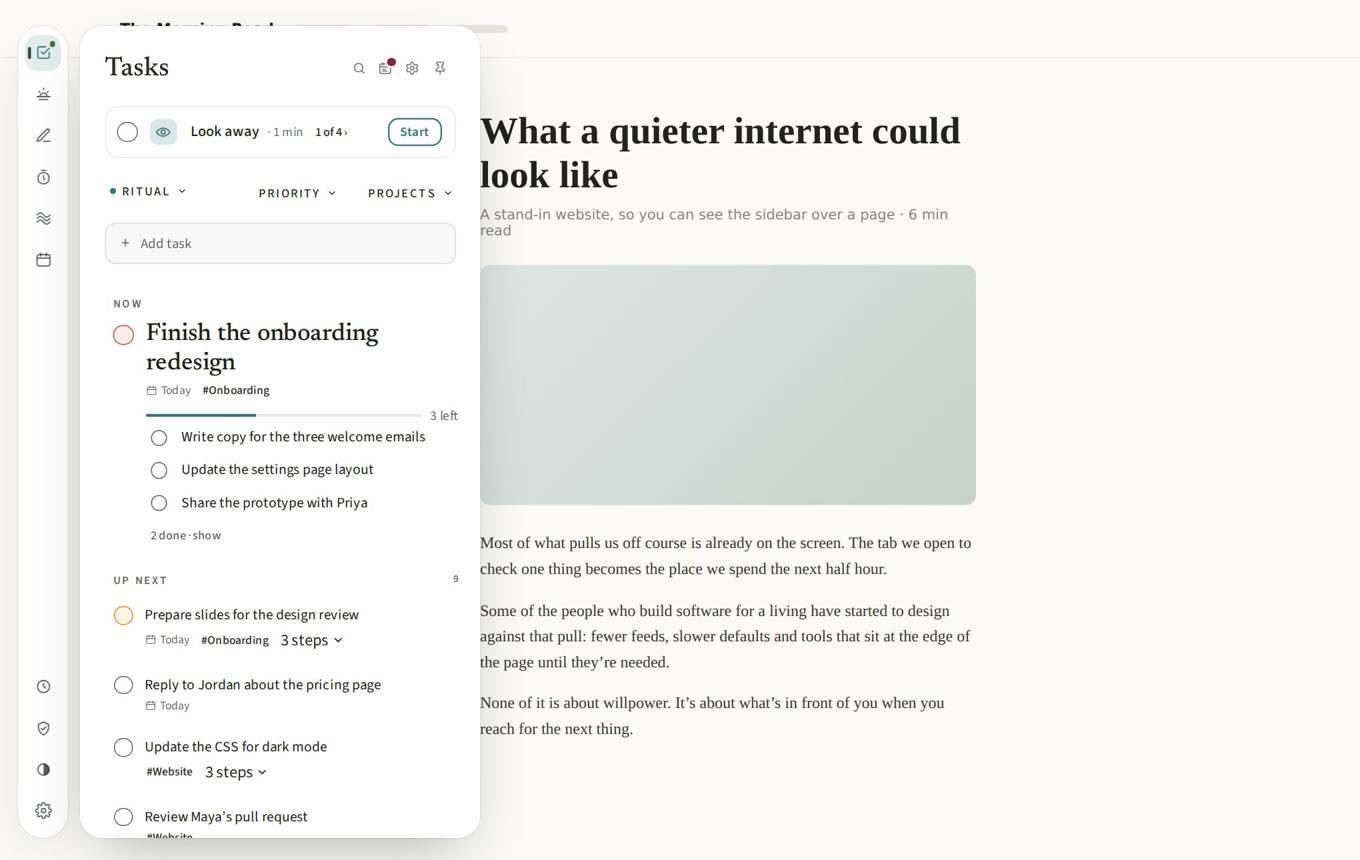 The rail open on an ordinary web page, with Tasks beside the article.