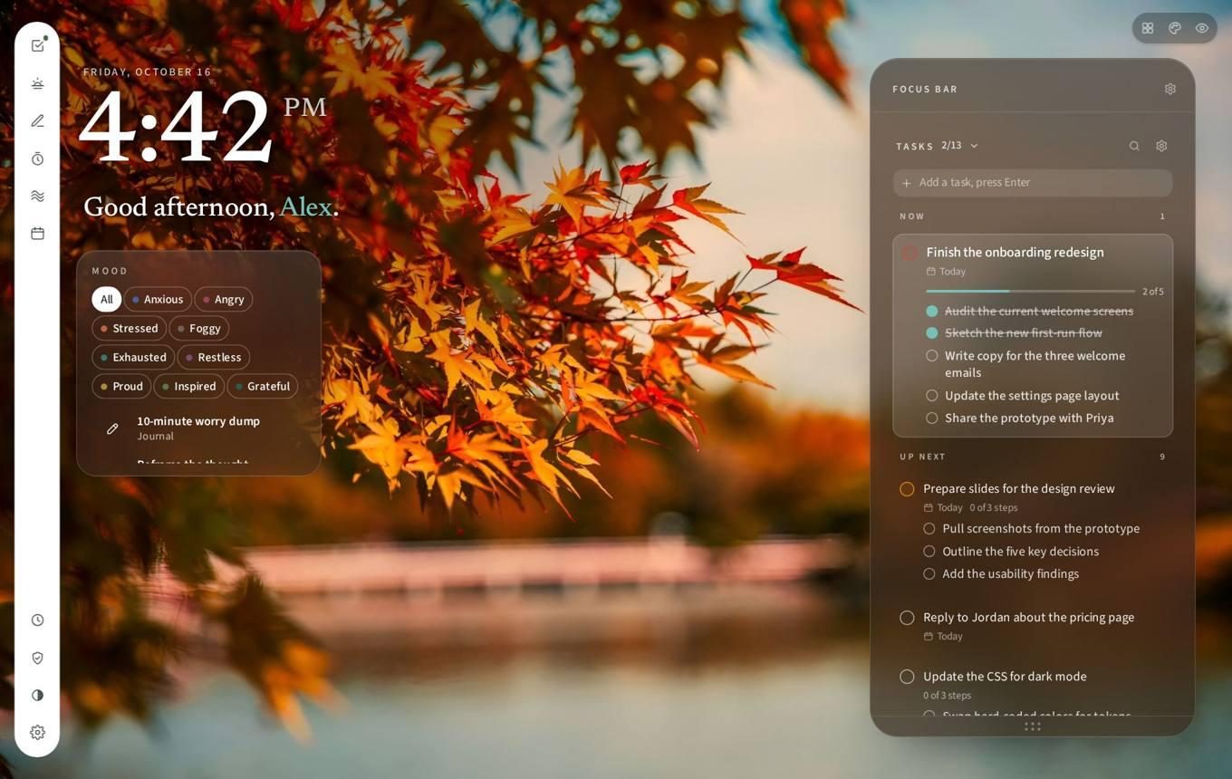 The new tab with an autumn wallpaper.