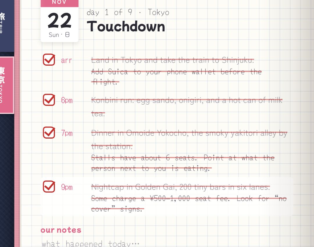 Day 1, Touchdown: four plan items with times, all ticked and struck through in red.