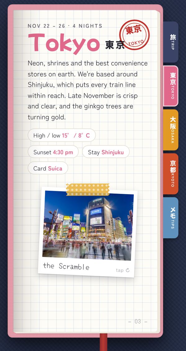 The booklet on a phone: the Tokyo section page with the hanko and a polaroid of the Scramble.
