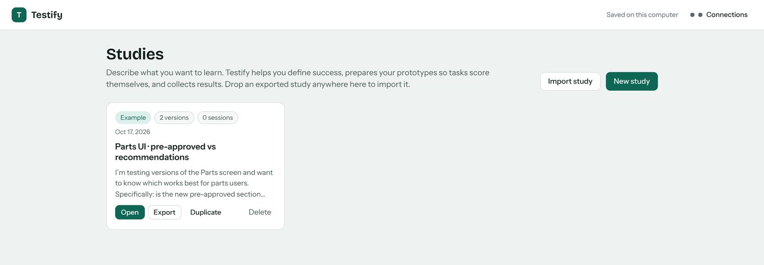Testify's studies home: the Parts UI study and the four steps.