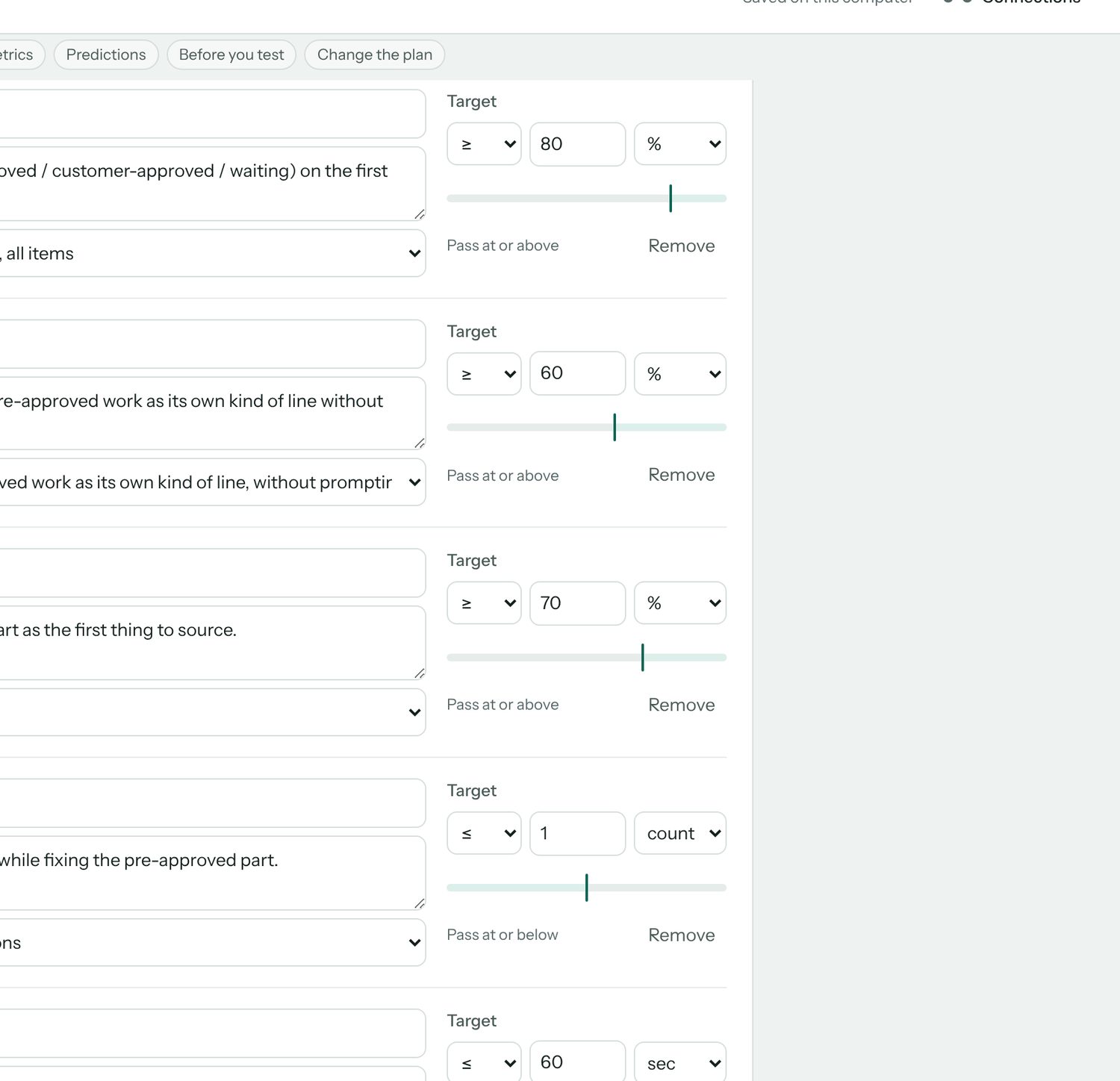 Success metrics: classification ≥80%, unprompted mention ≥60%, correct first click ≥70%, wrong-line edits ≤1, time to fix ≤60s, each tied to an activity.