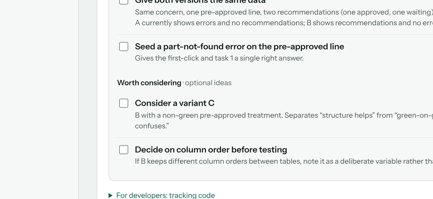 Changes only you can make: must-do items such as Give both versions the same data and Seed a part-not-found error, plus optional ideas like a variant C.