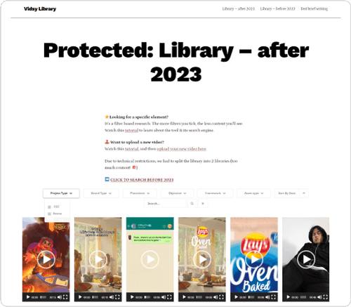 The old library: a password-protected WordPress page with a paragraph of instructions and a row of tiny video thumbnails