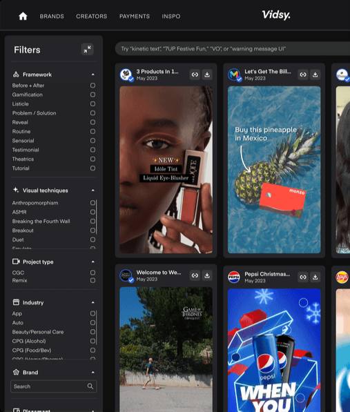 Filter sidebar showing Framework, Visual techniques, Project type and Industry groups beside a video grid