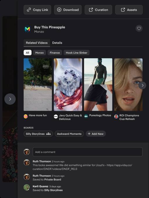 Immersive view of a video with related videos, boards and a comment thread